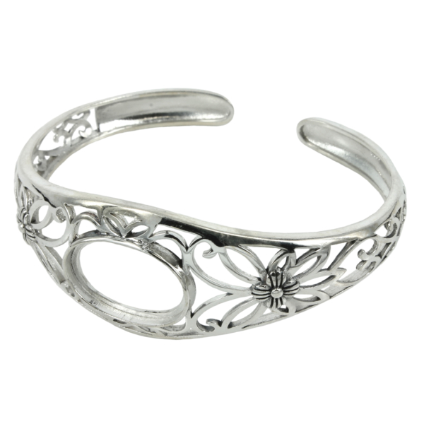 Floral Motif Cuff Bracelet with Oval Bezel Mounting in Sterling Silver 13x18mm