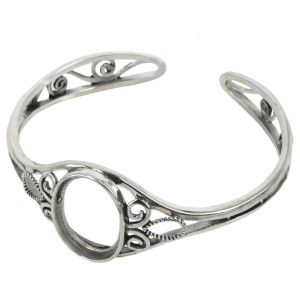 Curlicue Filigree Cuff Bracelet with Oval Bezel Mounting in Sterling Silver 13x18mm