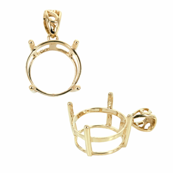 14K Gold Round Basket Setting Pendant with Round Prongs Mounting including Fancy Bail - Various Sizes