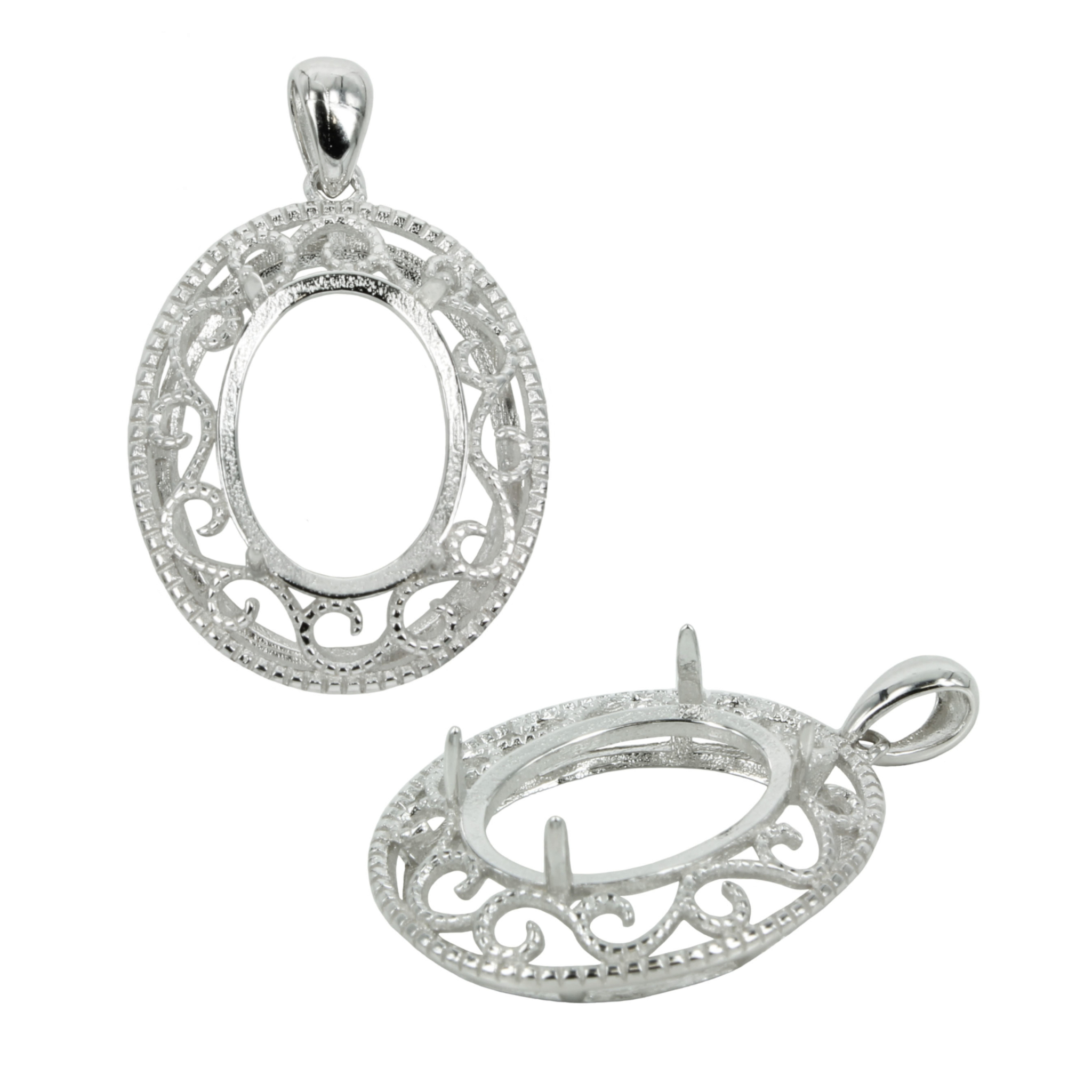 Oval rococo bezel pendant with soldered loop /& bail in sterling silver.